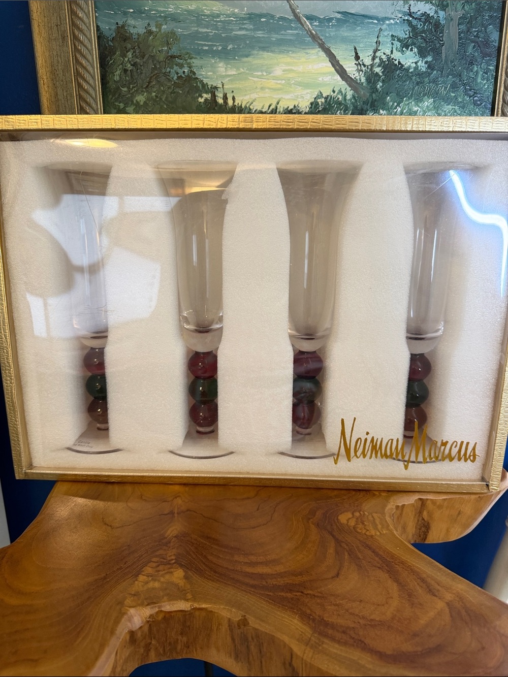 New Neiman Marcus Set of 4 Red & Green Orbit Flute Champagne Glasses